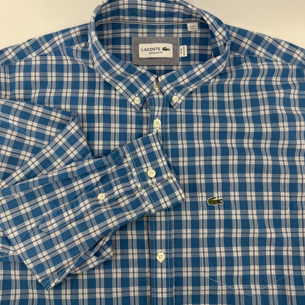 Lacoste Mens Regular Fit Plaid Button Down Shirt Blue White XL/2XL FR 45